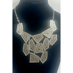 Bold Silver Tone Filigree Asymmetrical Panel Links Art Deco Style Bib Necklace